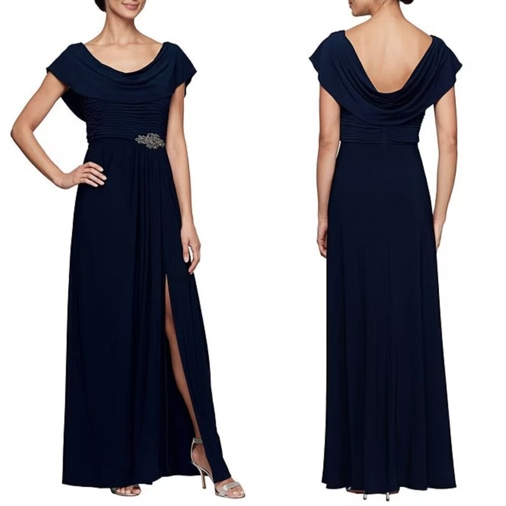 NWT Alex Evenings Matte Jersey Cowl Neck Drape Back Embellished Slit Fro…